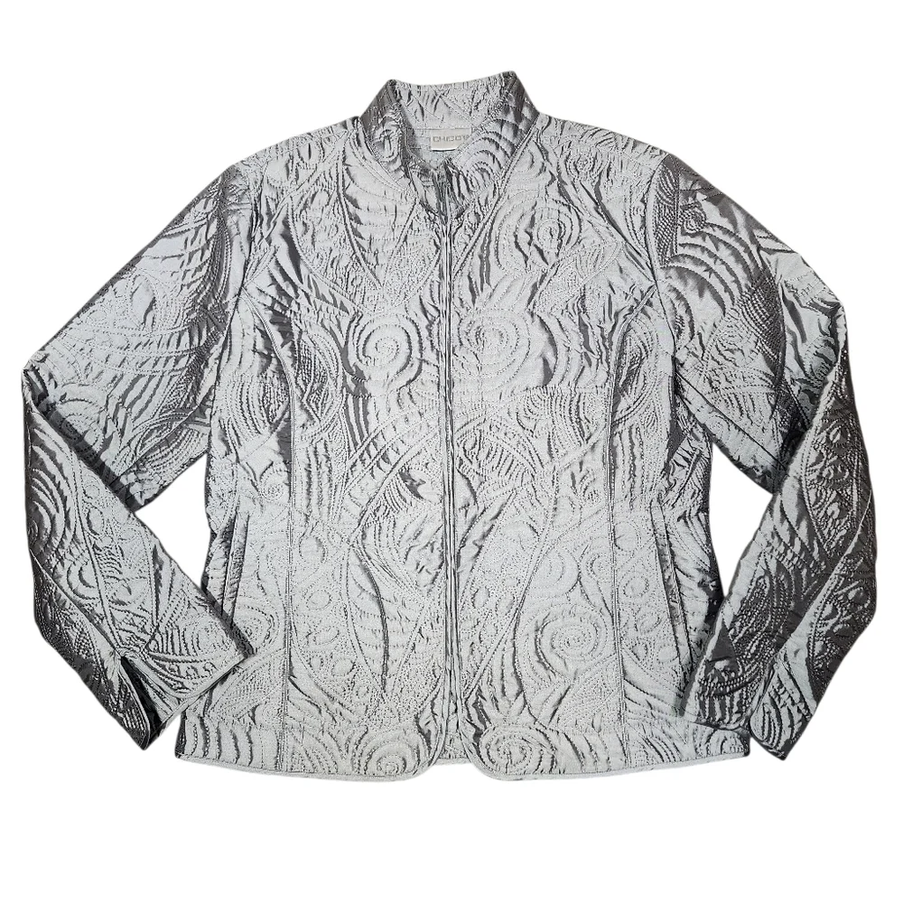 Chico's Silver Metallic Quilted‎ Embroidered Lightweight Jacket Blazer Elegant M